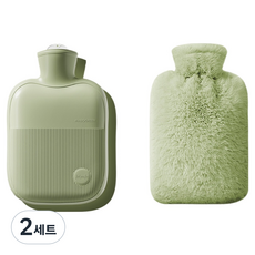 소울리치 편리한 보온 물주머니 + 인조 토끼털 커버 그린 2L, 2세트