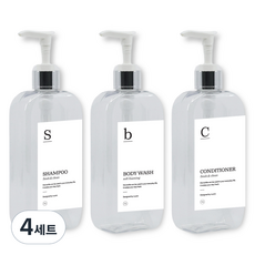 뉴앤룩 욕실 디스펜서 주방세제 리필용기 실버펌프 300ml x 3p + G샴푸 바디워시 컨디셔너 라벨 3종 세트, 투명, 4세트