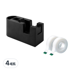 델리 귀여운 테이프디스펜서 유광 + 매직 테이프 리필 12mm x 18M 2롤 세트, 혼합색상(테이프), 블랙(테이프디스펜서), 4세트