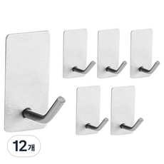 Soso貿易 不鏽鋼強力免鑽孔黏貼式掛鉤, 銀色, 12個