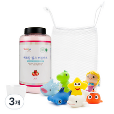 예꼬맘 밀크 버블 입욕제 용기형 딸기 + LED 물놀이 완구 7종 랜덤발송 + 그물망 소 세트, 3개, 850g