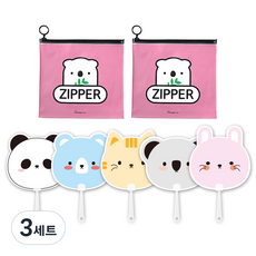 애니멀 프랜즈 부채 5p + 애니멀 지퍼백 미디움 2p 세트, 핑크(지퍼백), 랜덤발송(부채), 3세트