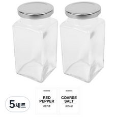 유리 사각 양념통 세트 실버캡, 5세트, 300g(2P) + 투명라벨 고춧가루(1P) + 투명라벨 굵은소금(1P)