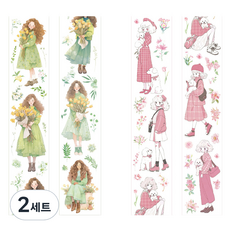 OLIVEPARTY 人物少女貼紙Silky Dream設計感性風捲軸貼紙2款套組, 綠色 + 粉紅色, 2套