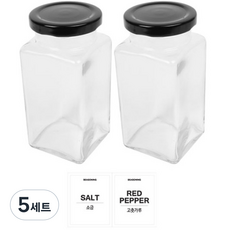 홈앤라이프 유리 양념통 사각 블랙캡 세트, 5세트, 300g 2p + 투명스티커(소금 + 고춧가루)