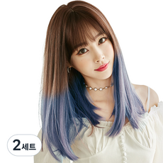 하이유니 옴브레 볼륨매직 헤어 통가발 46cm + 가발망 + 거치대 세트, 헤이즈블루 + 커피브라운(가발), 랜덤발송(거치대), 2세트