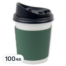 아이엔피 종이컵 화이트 무지 300ml + 롱개폐 뚜껑 + 홀더 그린 세트, 100세트