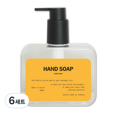국내 제조 슬림형 액상형 핸드워시 리필용기 300ml + HAND SOAP 라벨 세트, 투명 / 화이트 + 옐로우, 6세트