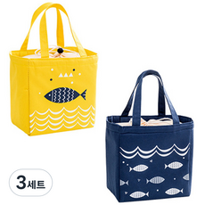 마켓감성 물고기 방수 피크닉 보냉백 2p, 옐로우 + 네이비, 3세트