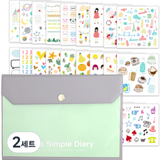 똑딱이 다이어리 + 스티커 28종 세트, 그린(다이어리), 스티커(혼합색상), 2세트