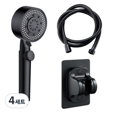 ARYKO 5段水壓調節強力蓮蓬頭+淋浴軟管+支架組, 4組, 黑色