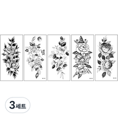 素描刺青玫瑰花黑白紋身貼紙5件組, BK-03, 3套