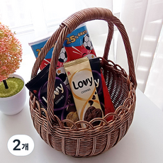 라탄샵 원형 플라워 2줄 손잡이 라탄 피크닉 바구니 J066, 브라운, 2개