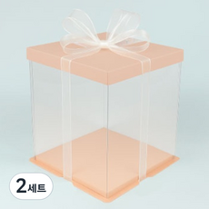 천운패키지 2단 투명 케익박스 1호 + 하판 + 리본 세트, 핑크, 랜덤발송(리본), 2세트