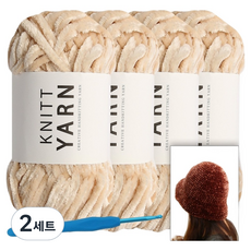 니뜨 허니 벨벳 뜨개실 100g x 4p + 버킷햇 도안 + 모사용 코바늘 7/0호 세트, 2세트, 2연살구