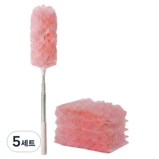 디노로웰 길이조절 정전기 먼지털이봉 + 양면 청소포 5p 세트, 화이트(먼지털이봉), 핑크(양면청소포), 5세트