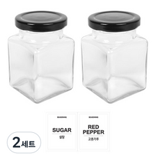 홈앤라이프 유리 양념통 사각 블랙캡 200g 2p 세트, 2세트, 유리양념통 2p + 투명스티커(설탕 + 고춧가루)