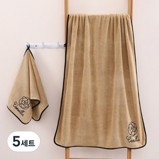 원이네 장미꽃 다색 세수타월 80g 극세사 + 바스타월 300g 극세사 세트, 브라운, 5세트