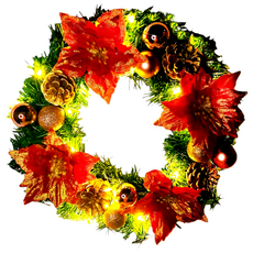 摩達客 浪漫朵朵聖誕花豪華綠色聖誕花圈福臨圈 + 20燈LED暖白光燈串, 珊瑚紅金系, 1個