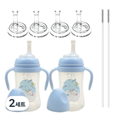 순수아 빨대형 빨대컵 2p + 빨대꼭지 4p + 빨대세척솔 2p 세트, 240ml, 2세트, 블루
