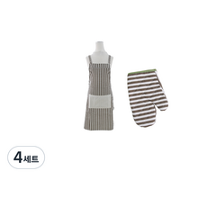 홀릭 스트라이프 앞치마 +주방장갑, 브라운, 4세트