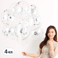 파티해 메탈릭 컨페티풍선 20p + 손펌프 랜덤발송 +컬링리본 + 스펀지닷 세트, 실버, 4세트