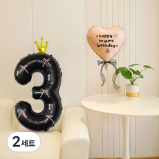 피앤비유니티 레터링 왕관 숫자 리본 풍선세트, 블랙앤핑크 3, 2세트