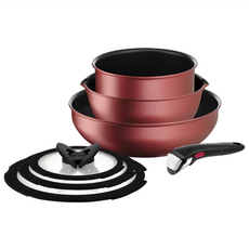 Tefal 特福 巧變精靈系列7件組 IH, 炒鍋26cm + 萬用鍋22cm + 湯鍋18cm + 玻璃鍋蓋26cm + 玻璃鍋蓋22cm + 玻璃鍋蓋18cm + 可拆式把手, 寶石紅, 1套