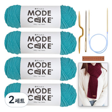 니뜨 모드케이크 뜨개실 100g x 4p + 폴 케이블 머플러 도안 + 줄바늘 6mm + 꽈배기바늘 + 돗바늘 + 심플직사각라벨 세트, 2세트, 13스카이