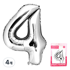PARTYSHOW 數字鋁箔氣球 大型 4, 銀色, 4個