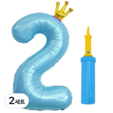 J-Balloon 鍍銀皇冠數字氣球 大 2 + 手動打氣筒組合, 2套, 藍色(氣球), 顏色隨機出貨(手動打氣筒)