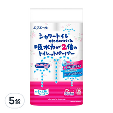 elleair 艾黎艾爾 溫水洗淨便座專用衛生紙, 菱格紋壓花技術, 100%紙漿製造, 吸水力2倍, 25m, 12捲, 5袋
