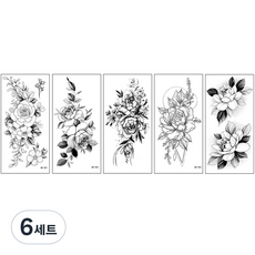 素描刺青玫瑰花黑白紋身貼紙5件組, BK-01, 6套