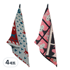 북유럽풍 순면 일러스트 면행주 2종 세트, 4세트, 005 산책레드, 랜덤발송