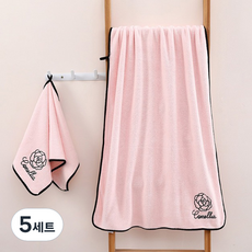 원이네 장미꽃 다색 세수타월 80g 극세사 + 바스타월 300g 극세사 세트, 핑크, 5세트