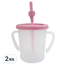 AGAFURA Magic系列雙耳防漏吸管杯 S 300ml+矽膠吸管+水果造型矽膠護嘴套組, 粉色(吸管杯)+隨機出貨(護嘴套), 2組