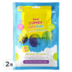 DearCuphea Safe 兒童牙線 7.5cm 80入, 2個, 黃色, 黃綠色, 天空, 紫色