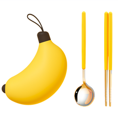 可愛摺疊餐具組, 1套, 禁止蕉綠, 湯匙 + 筷子 + 收納盒