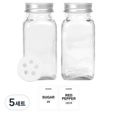 유리 양념통 사각 전용캡 180g, 5세트, 유리양념통 2p + 투명스티커(설탕 + 고춧가루)