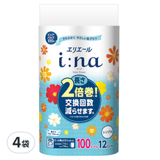 elleair 艾黎艾爾 i:na 2倍巻 單層捲筒衛生紙 100%原生紙漿 12捲, 100m, 4袋