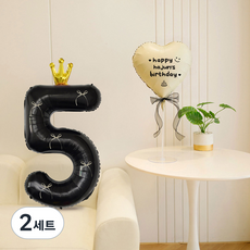 피앤비유니티 레터링 왕관 숫자 리본 풍선세트, 블랙앤크림 5, 2세트