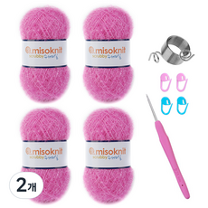 미소털실 수세미실 4p + 크로셰바늘 랜덤발송 + 단수핀 랜덤발송 4p + 뜨개반지링 세트, 35 핑크레드(수세미실), 2개
