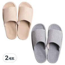 생활백서 도톰 스트라이프 룸 슬리퍼, 베이지, 블루, 2세트