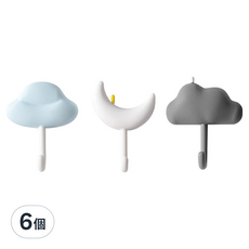 免打孔掛勾 可愛雲朵浴室廚房客廳強力無痕掛勾, 白色 + 灰色 + 藍色, 6個