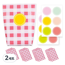 格紋紙包裝袋 粉紅色 12入 + 6款貼紙 x 2入 組, 2套, 混色