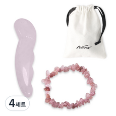나진 휴대용 로즈쿼츠 마사지 괄사 + 크리스탈 수정 원석 팔찌 세트 NJ086 + 선물용 박스 + 파우치, 4세트, 핑크