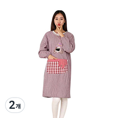포켓 자수 긴팔 데일리 주방 앞치마, 브라운, 2개
