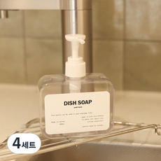 韓國製造 纖薄型廚房洗潔精補充瓶 白色壓頭 300ml + DISH SOAP 白色標籤組, 4套, 透明 + 白色(容器) + 白色(標籤紙)