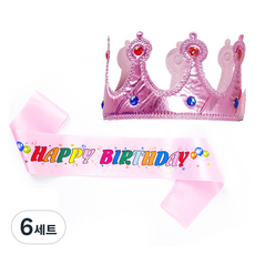 파티쇼 공주 스펀지 왕관 생일 어깨띠 세트, 핑크(왕관) + 컬러풀라이트핑크(어깨띠), 6세트