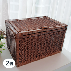 高級款藤編有蓋收納籃, 棕色, 2個